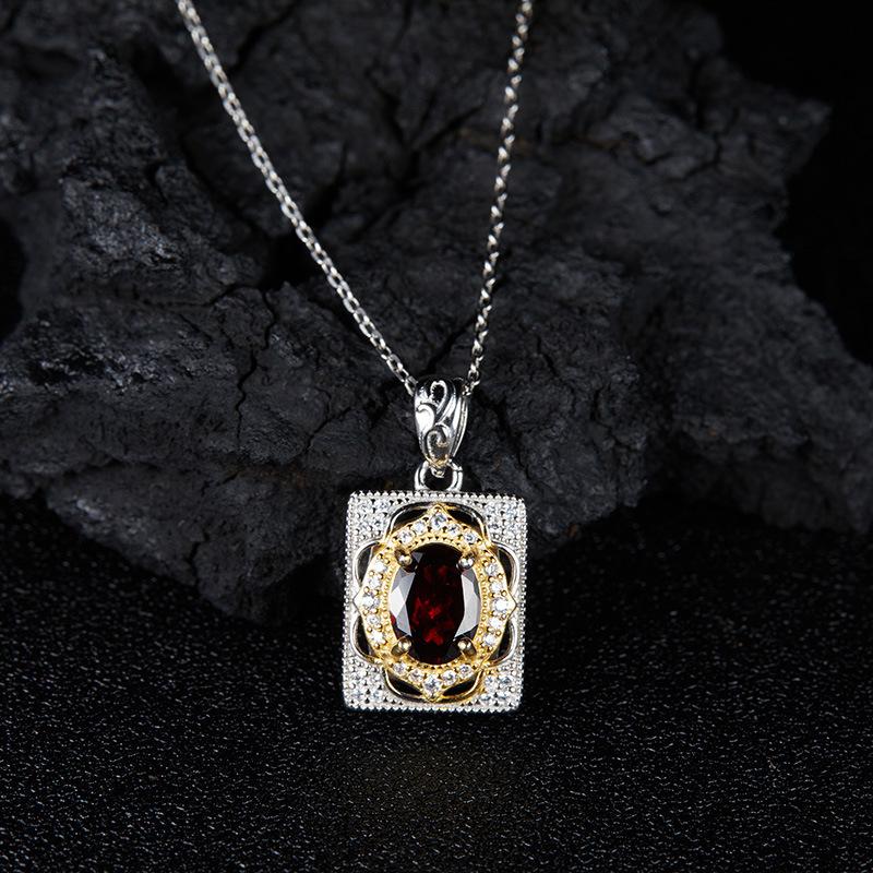 S925 Sterling Silver Inlaid With Natural Topaz Citrine Garnet Colored Treasure Necklace Women'S Simple Retro High-End Pendant