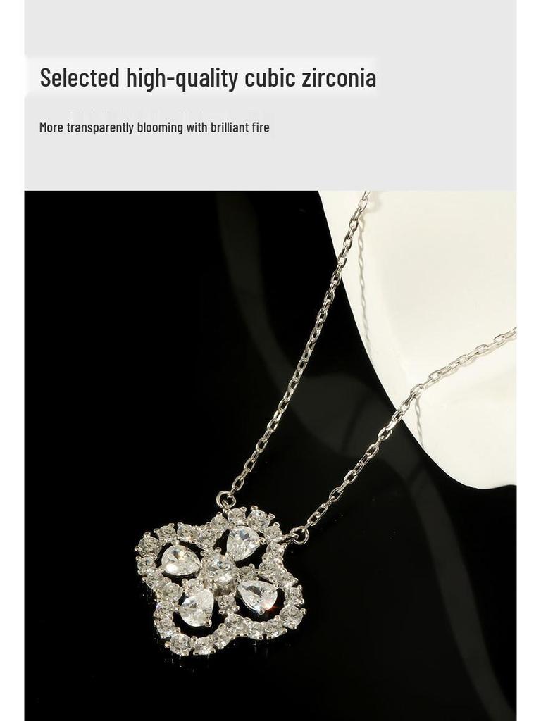 S925 Sterling Silver Four-Leaf Clover Pendant Necklace: Sparkling Gift for Girlfriend in Elegant High-End Style