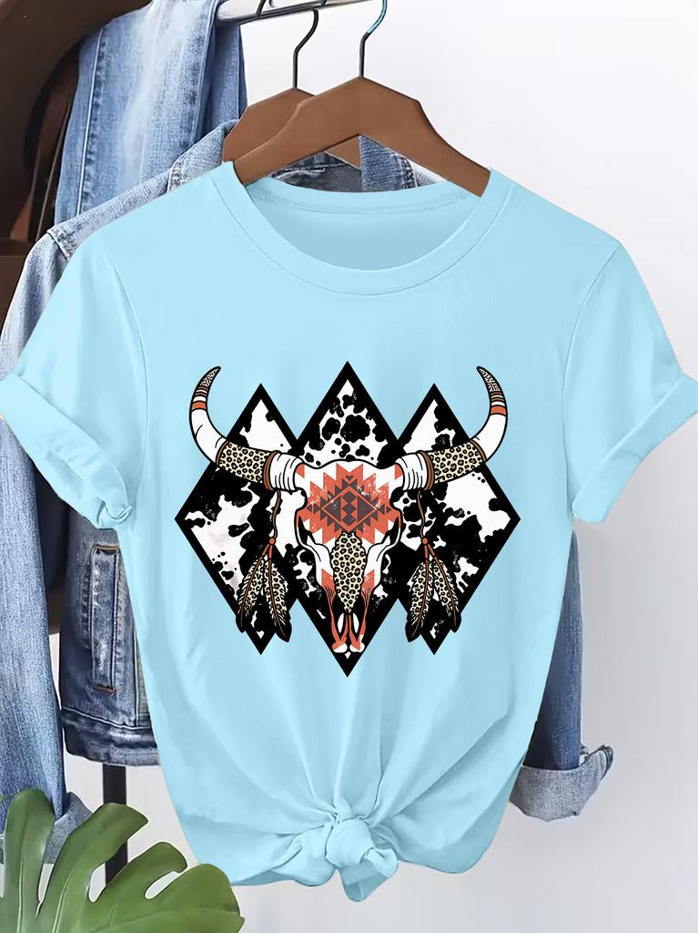Womens Short Tshirt with Western Style Geometric Cow Head Bone Print Round Neck Soft and Breathable Springsummer Womens Top