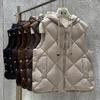 Autumn and Winter European Station Rhombus Hooded Drawstring Side Split Down Jacket Women's Winter Clothing White Duck Down Warm Vest