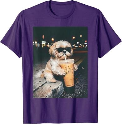 Shih Tzu Drinking Iced Coffee Funny Pet Lifestyle Graphic T-Shirt