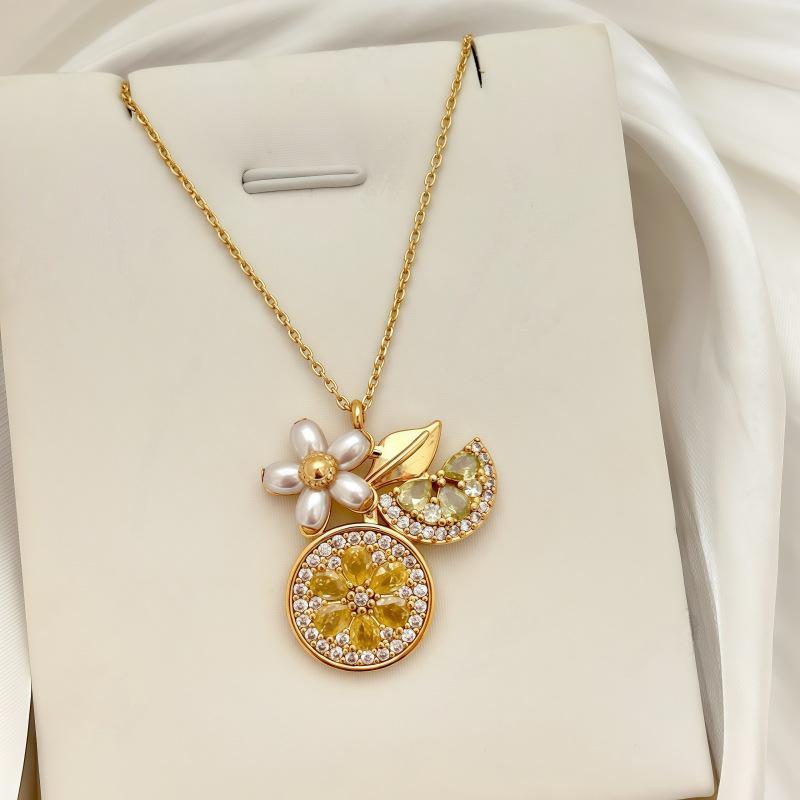 

French Lemon Flower Fruit Necklace Heavy Industry Full Diamond Grapefruit Orange Stud Earrings Fresh And Cute Fruit Collarbone Chain Female