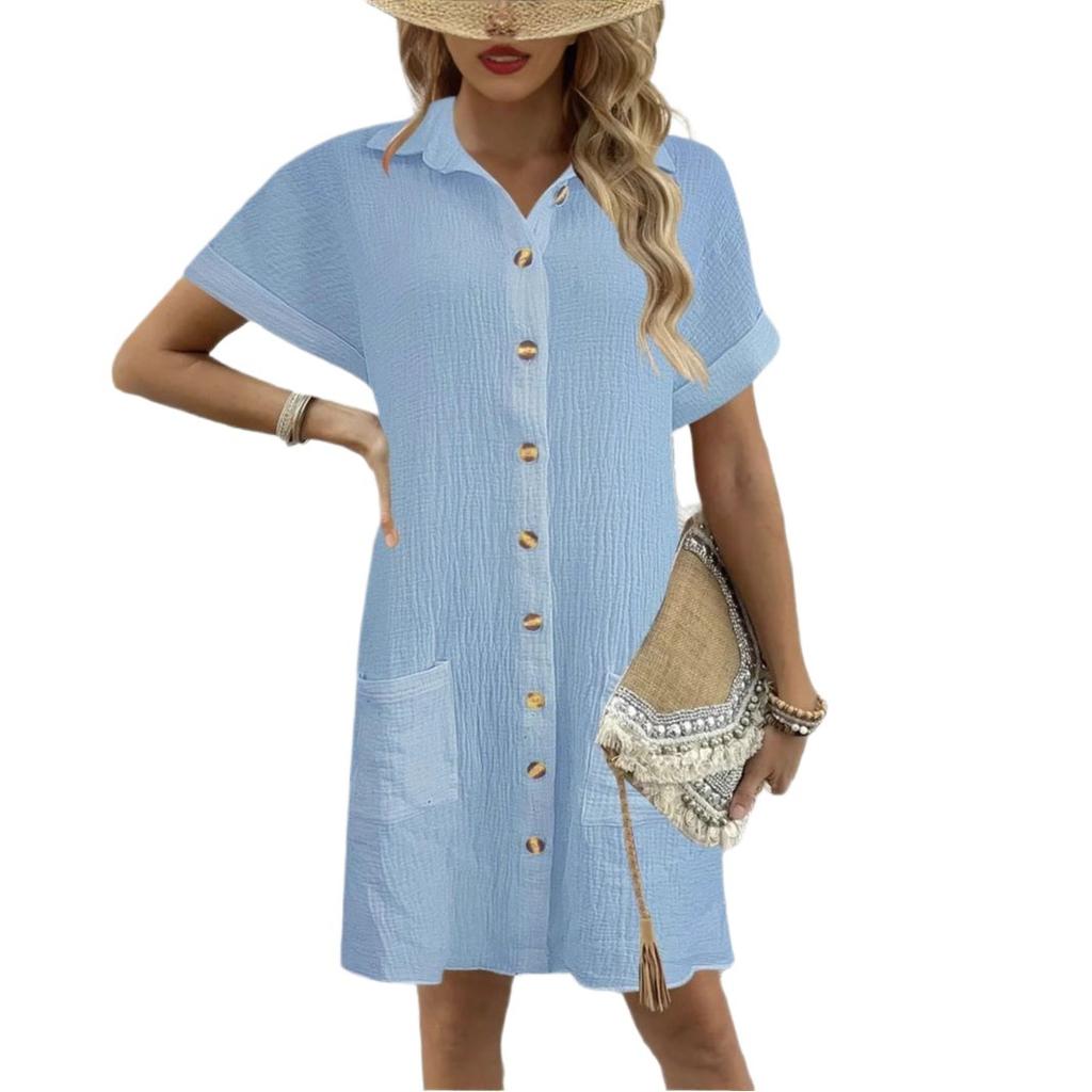 Spot, European and American summer new dresses simple solid color casual fashion lapel button shirt dress women