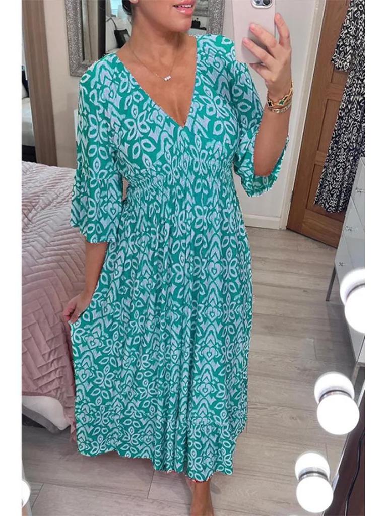 Women's V-neck Floral Dress for Beach Holiday, Digital Print, Loose Fit