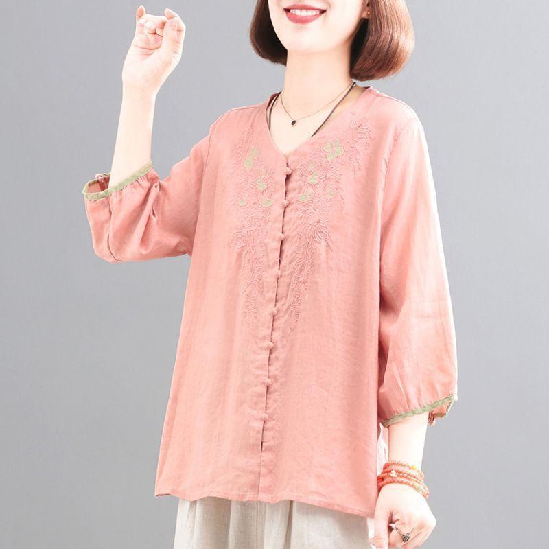 Retro Cotton and Linen Shirt Three-quarter New Artistic Embroidered Shirt Loose Top