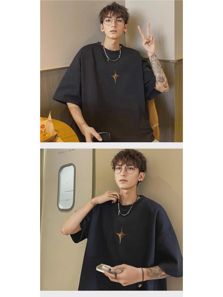 Tricou de bărbați alb cu mânecă scurtă, la modă, casual, cu croială largă, bumbac pur, stil de vară high street.