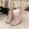 Premium sense rhinestone transparent slippers wear small size women's shoes 2025 summer new crystal thick heel temperament one-word drag