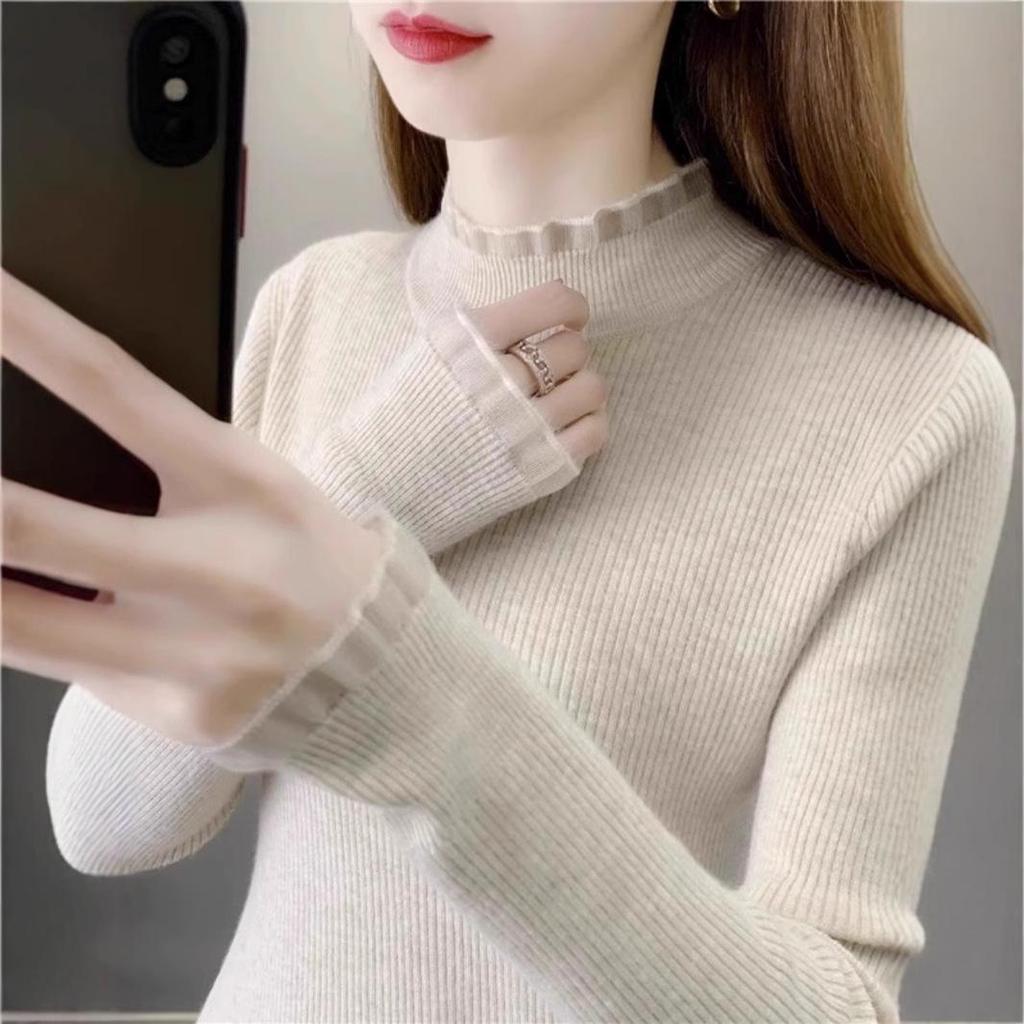 Women's Autumn 2024 Semi-High Neck Slimming Knitted Sweater Top
