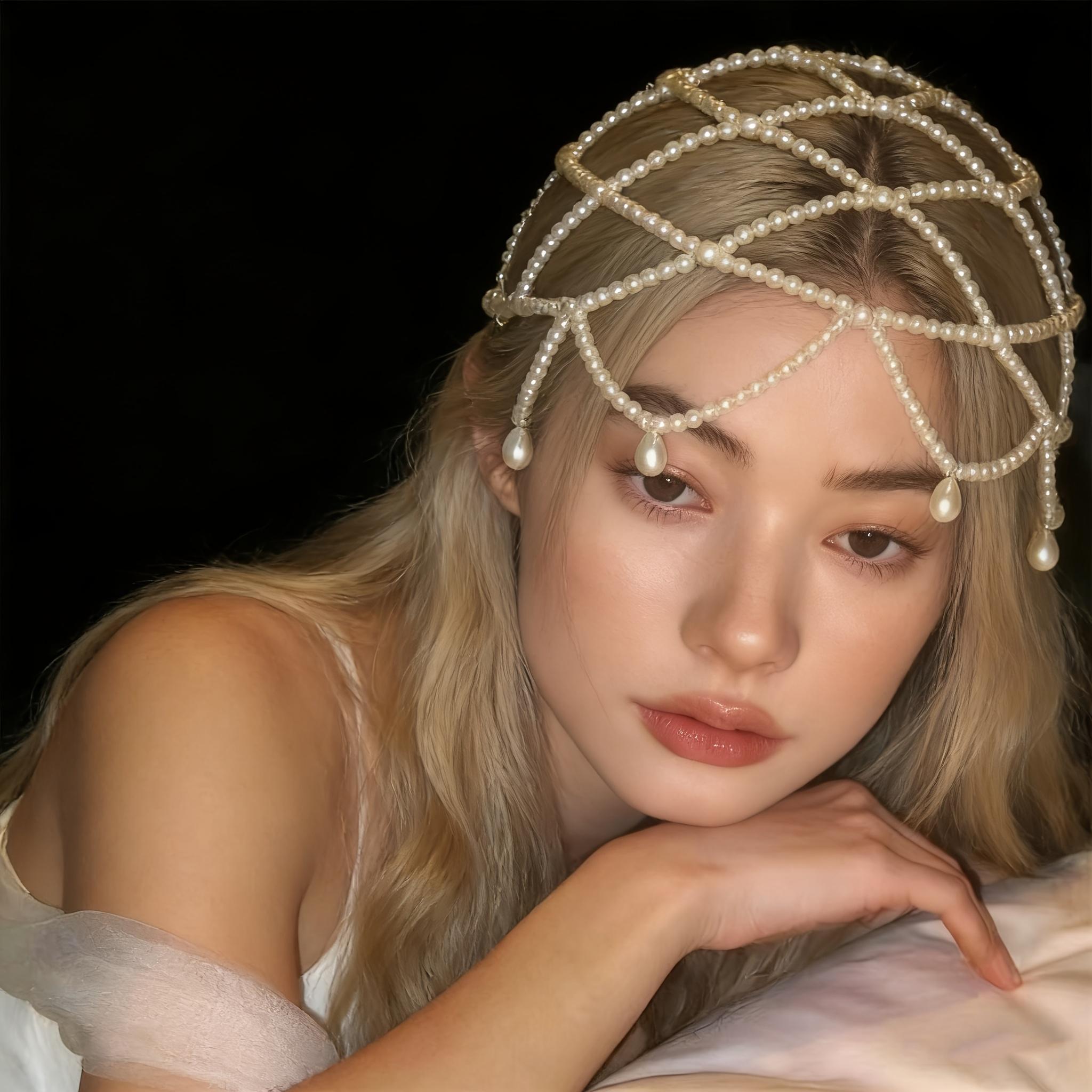 

1Pc Of Elegant Vintage Water Drop Pendant Multi-Layer Mesh Faux Pearl Women S Headpiece, Suitable For Parties, Banquets, Weddings, And Bridal Wear [White]