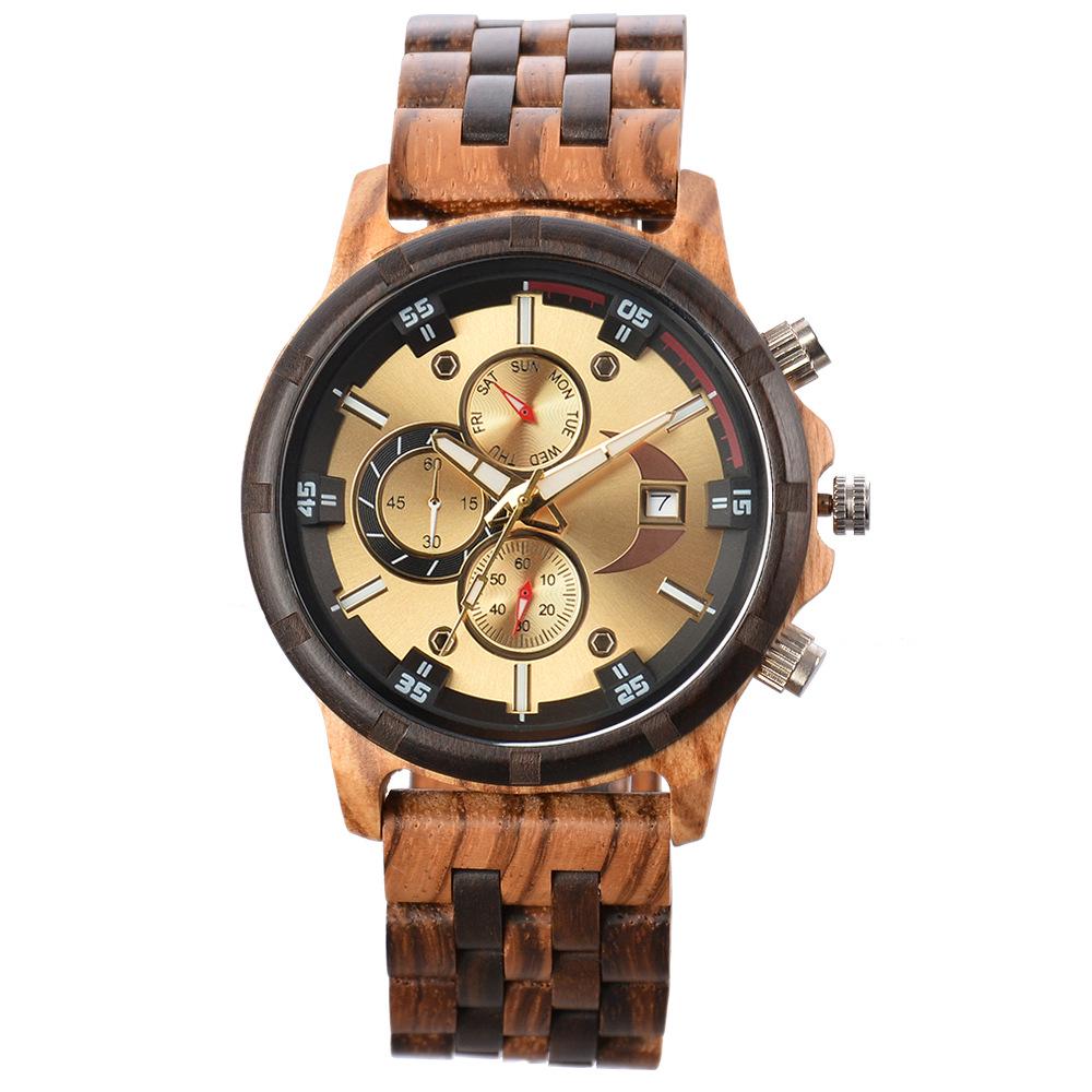 Men's Quartz Wooden Watch with Luminous Multifunctional Large Dial
