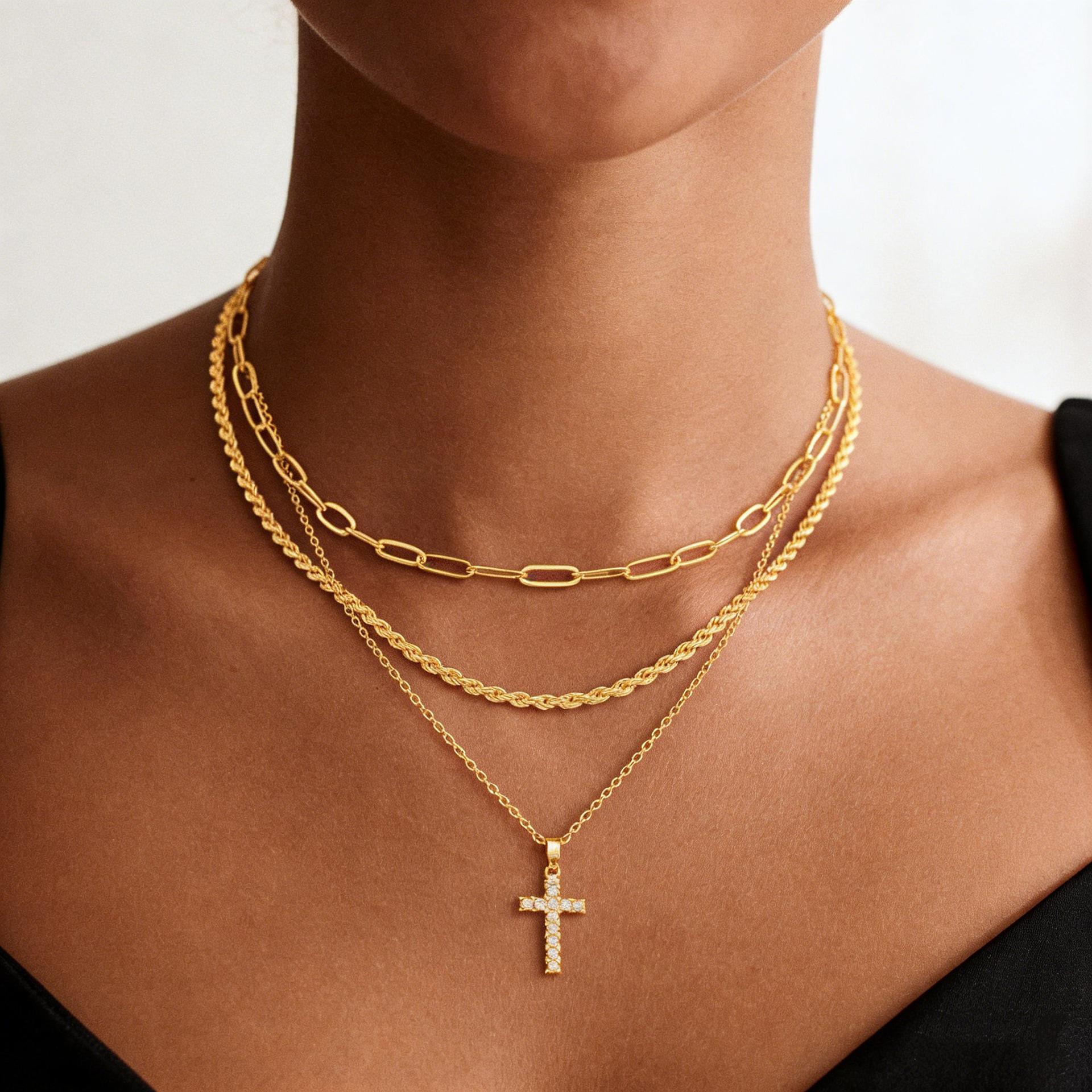 European & American Twist Chain Multi-layer Necklace with Cross Pendant - Women s High-End Fashion Accessory