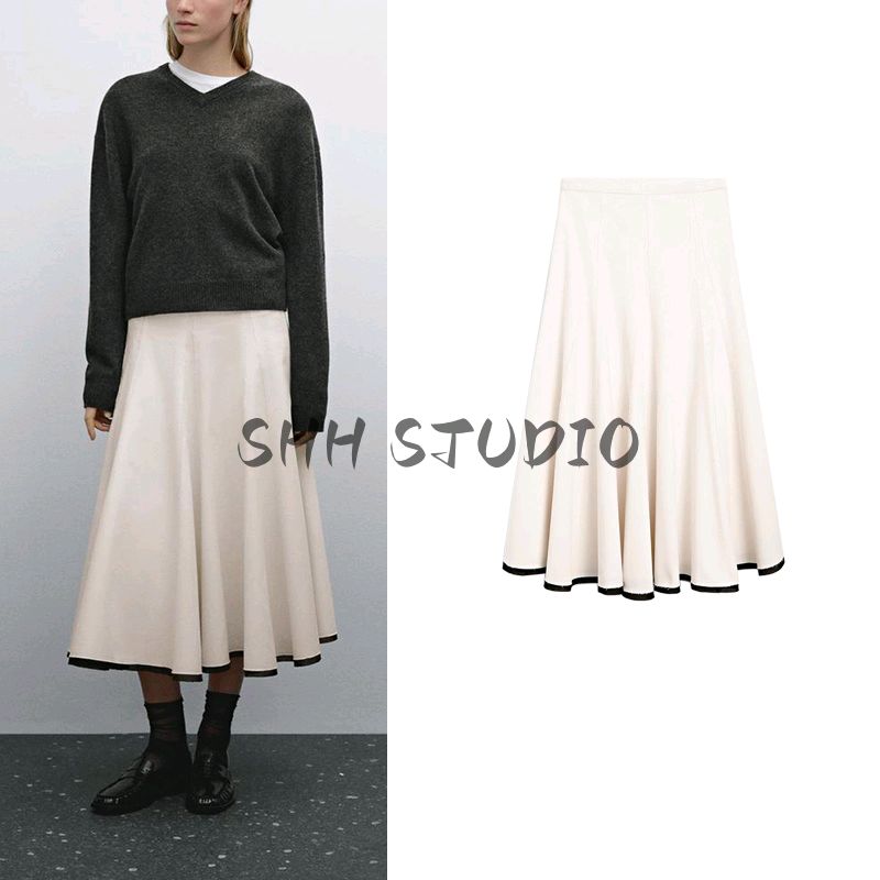 MD Spring/Summer New Arrival Women's French Style Casual Cotton Blend Patchwork Detail Wide Hem Midi Skirt 5290584