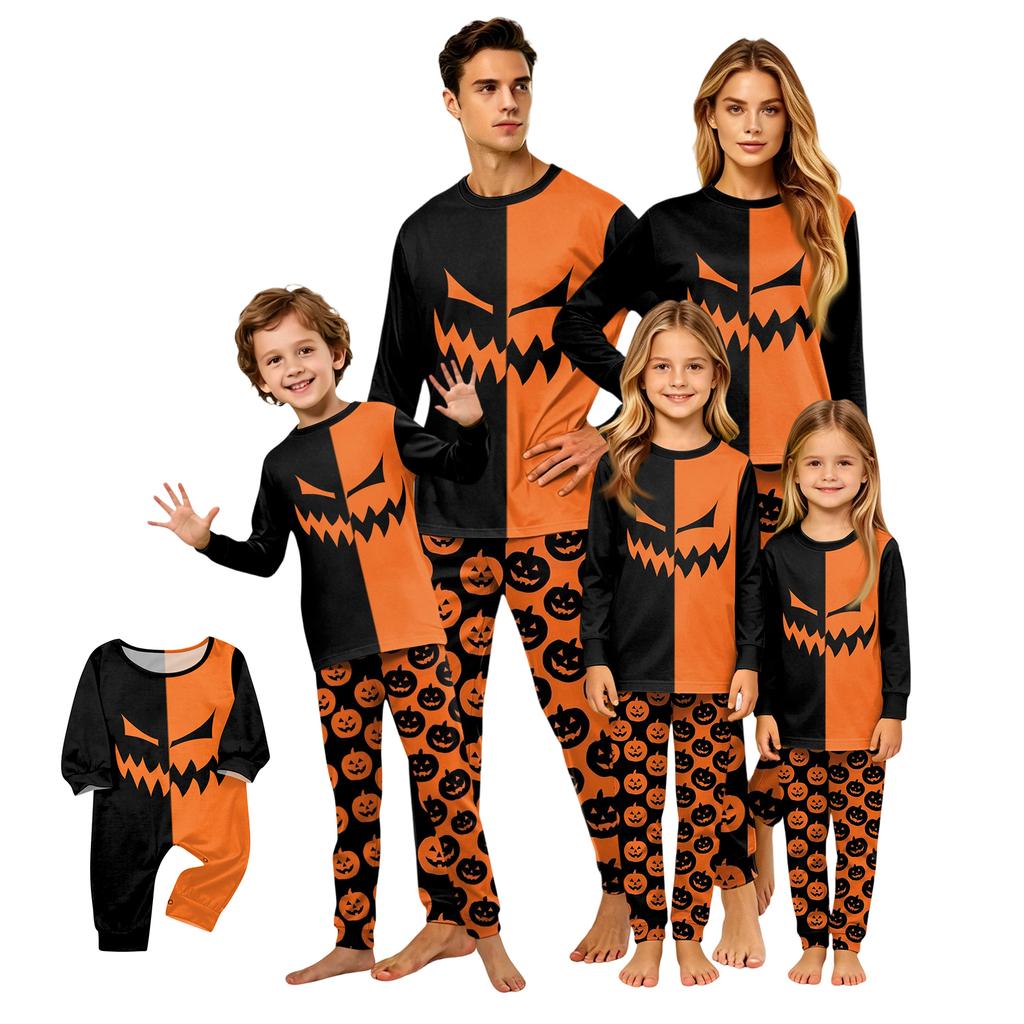 Family Matching Halloween Printed Pajama Sets with Long Sleeves and Pants for Couples and Kids