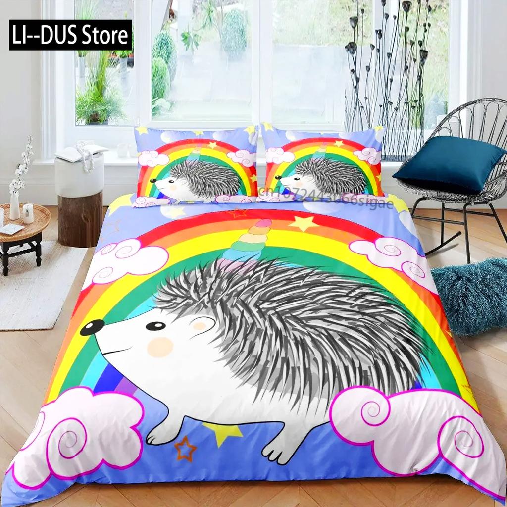Hedgehog Duvet Cover Mushroom For Boys Teens Cute Cartoon Wild Animal Pinecone Tree Leaf Quilt Cover Autumn Leaves Room Decor