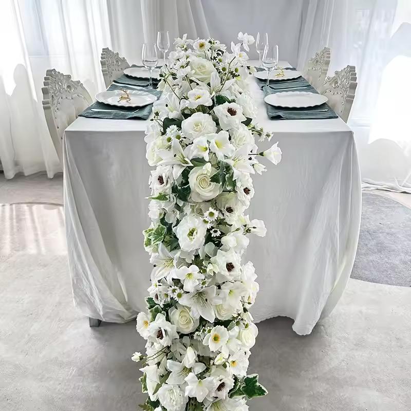 Uflower Atficial White Flower Row Runner Elegant Artificial Center Stage Background for Wedding Party Home Decoration