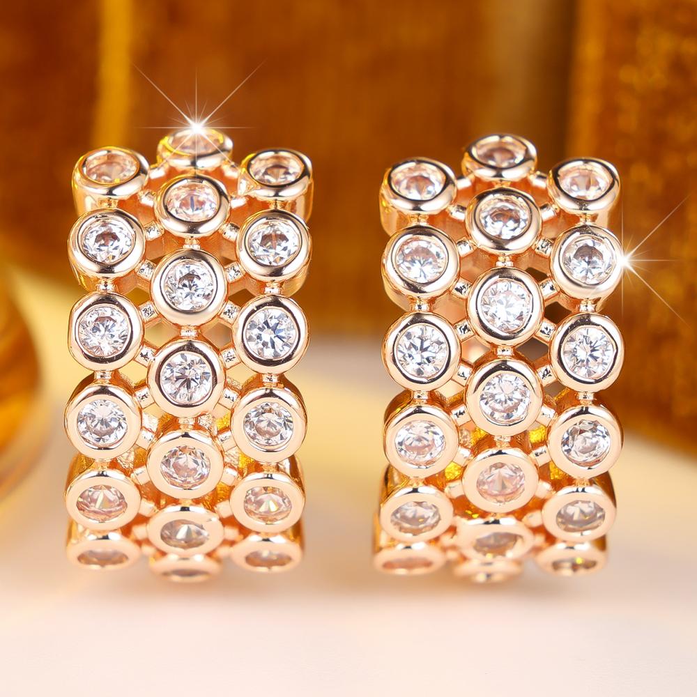 Trendy Rose Gold Color Wide Band White Zircon Paved Huggie Hoop Earrings for Women Daily Party Gift