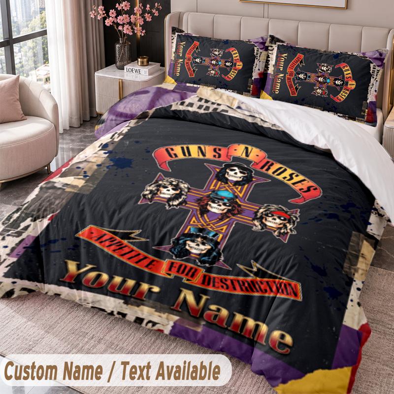Guns N’ Roses Printed Bedding Set Custom Name Text 1 Duvet Cover 2 Pillowcases For Bedroom