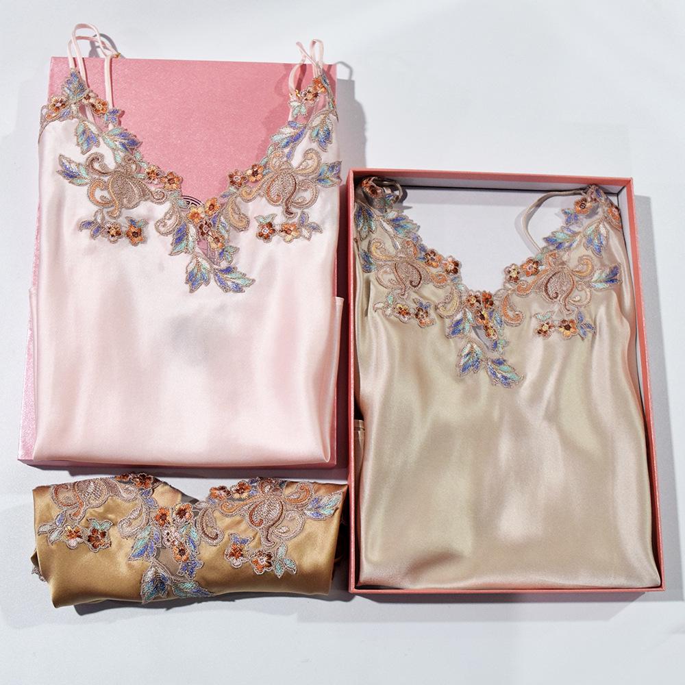 Women's Embroidered Silk Robe & Nightgown Set: Long Camisole, Multi-piece Mulberry Silk Sleepwear