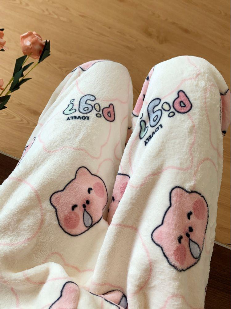 Korean Style Women's Fleece Pajama Pants - Flannel Cartoon Design for Autumn and Winter