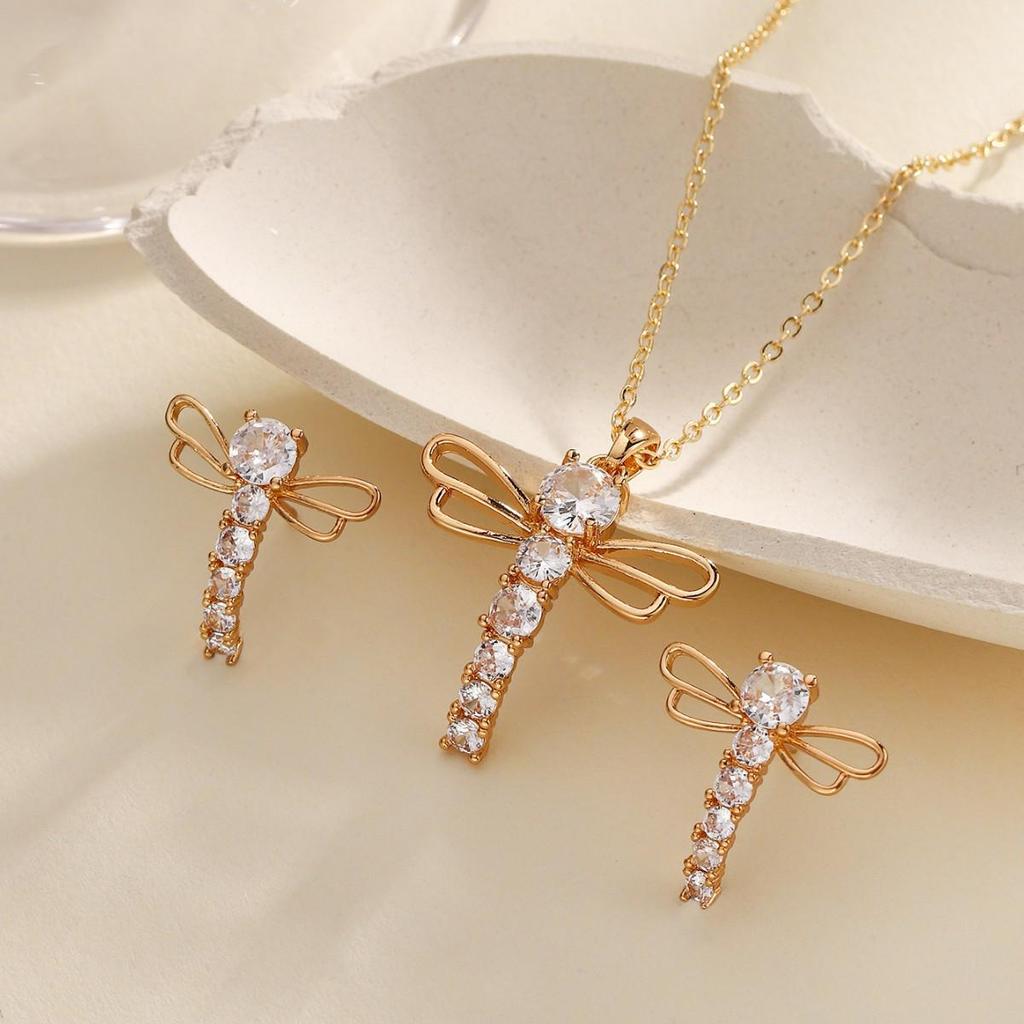 Elegantes Libellen Zirkonia Halsketten- & Ohrring-Set - Nischen-Design, Leichter Luxus Zweiteilig