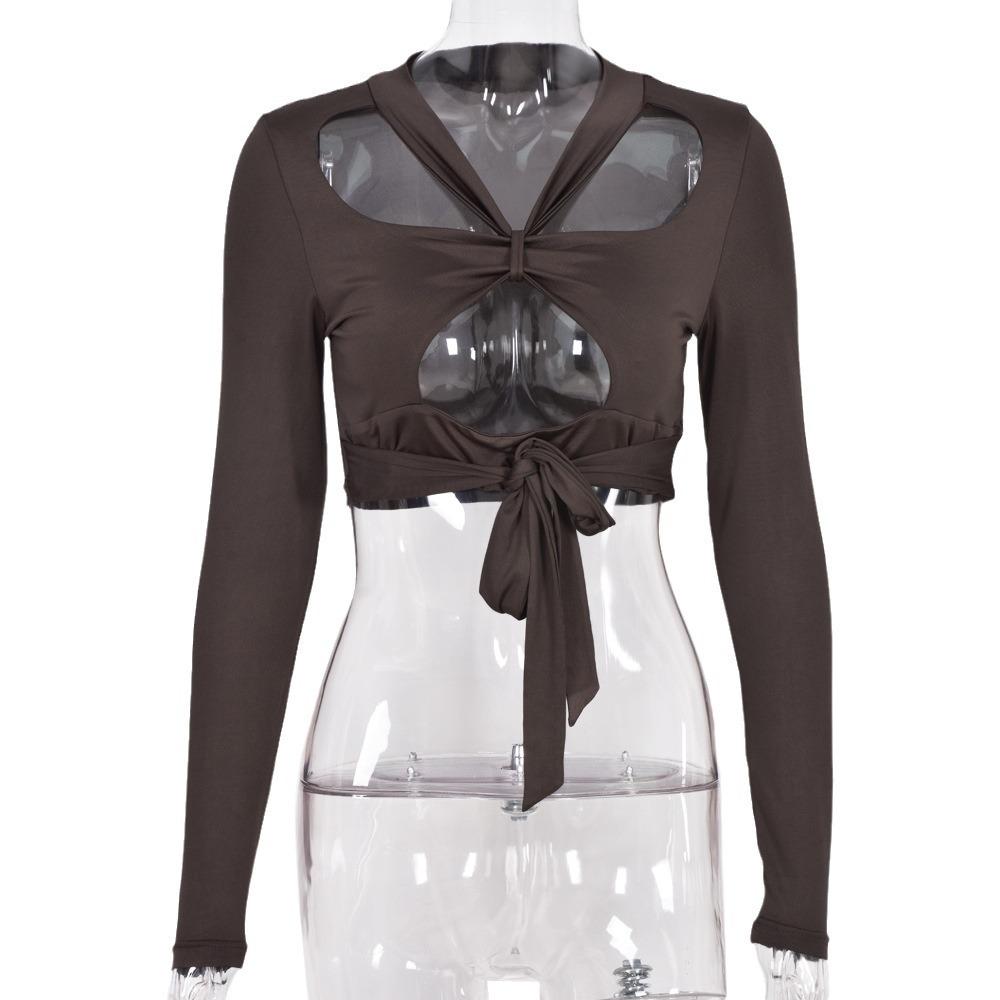 European, American summer and autumn T-shirt hollow lace-up, navel-exposed long-sleeved square-neck sexy top short