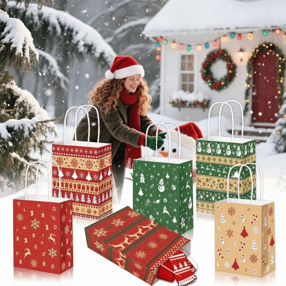 Various Styles Christmas Gift Bags 12 Pcs Kraft Christmas Bags Treat Candy Bags For Gift Wrapping