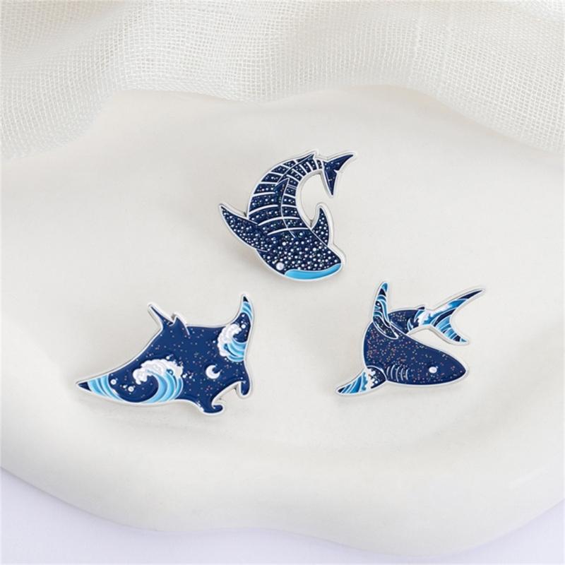 Cartoon Marine Animal Enamel Pins Glittering Dolphin Manta Ray Shark Brooch Alloy Lapel Jewelry Gift Accessories