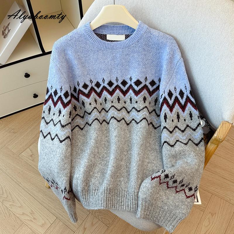 Корейская Мода Осень Зима Женский Базовый Свитер О-образный вырез Контрастный цвет Вязаный пуловер Длинный рукав Толстый Теплый Вязаный Верхняя одежда One Size