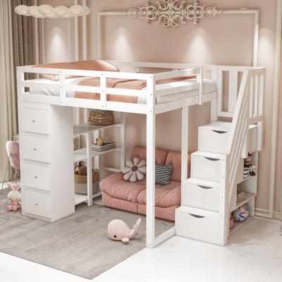 Hoogslaper 140*200cm met Ladekast met Opbergvakken, VeiligheidsLadder met Opberglades, Multifunctioneel Massief Houten Bed Wit