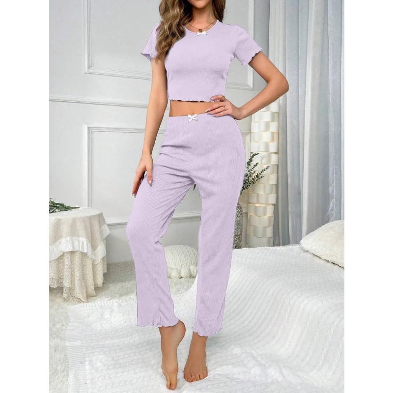 Women Stretch Wave Edge Short Sleeve Long Trousers Student Home Wear Suit Round Neck Solid Sleepwear Loungewear Ladies Pajamas