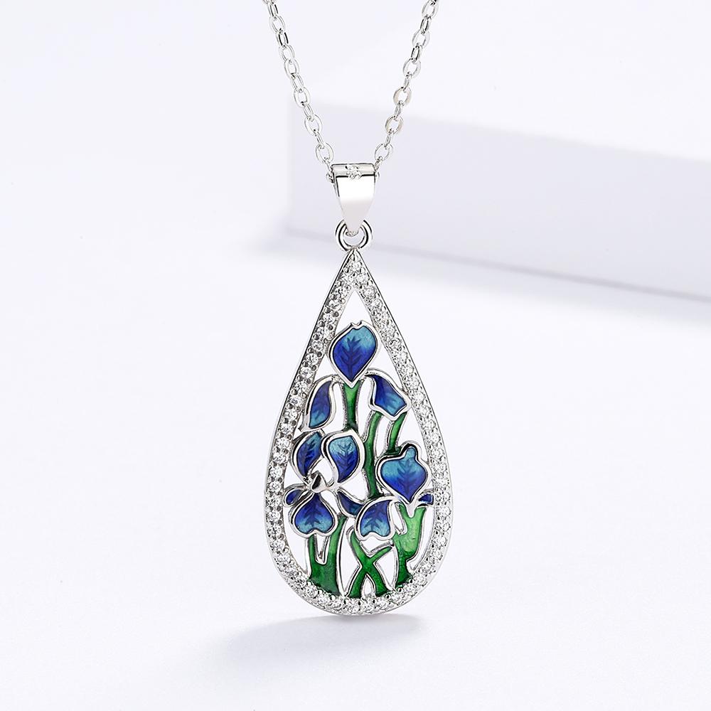 925 Fashion Blue Flower Ladies Pendant Necklace Handmade Enamel Jewelry Wedding Birthday Party Pendant Necklace Women's