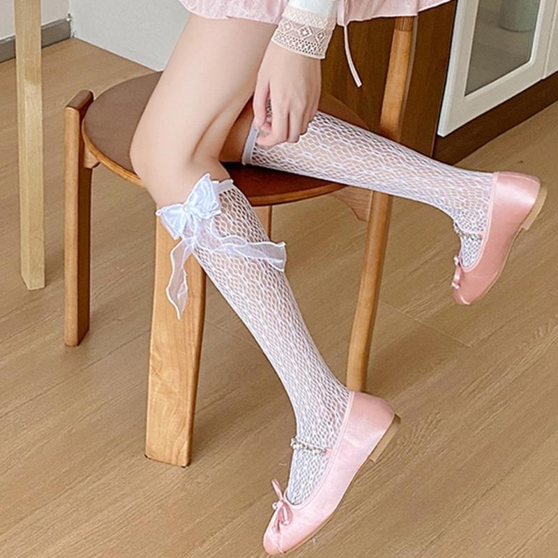 Japanese Style Fishnet Patterned Long Tube Socks for Women Girls Cute Pearl Bowknot Hollowed Out Mesh Over Calf Socks
