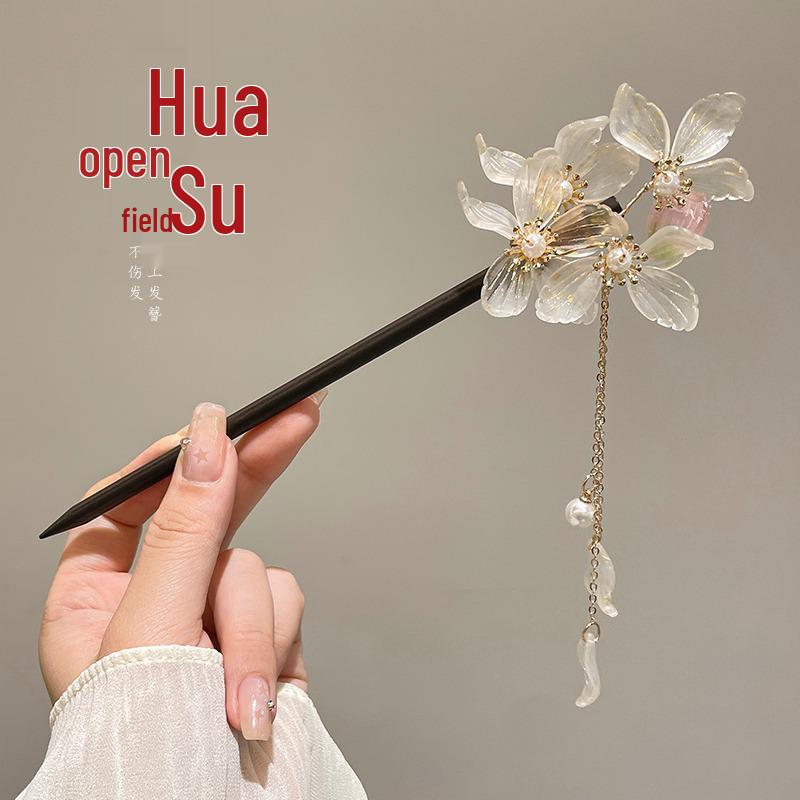 Elegancka spinka do włosów Hanfu z kwiatem: Wysokiej klasy potrząsanie krokami z frędzlami do upięcia