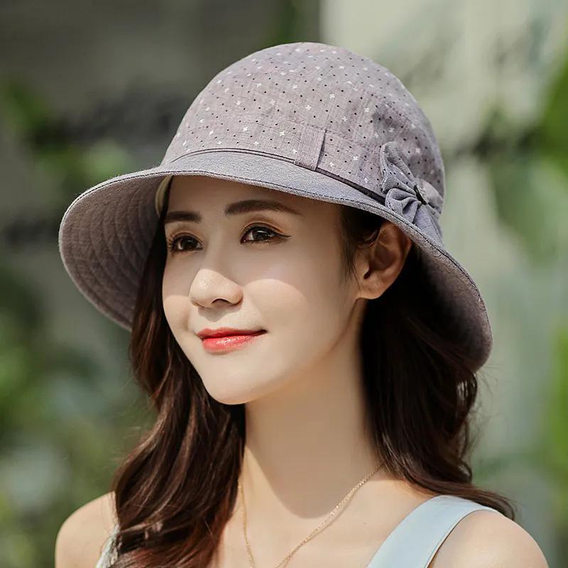 WTEMPO Solid Color Dot Printed Fabric Sun Hats Women Spring Summer Wide Brim Outdoor Breathable Foldable Sunscreen Bucket  Hats with Wind-proof Rope