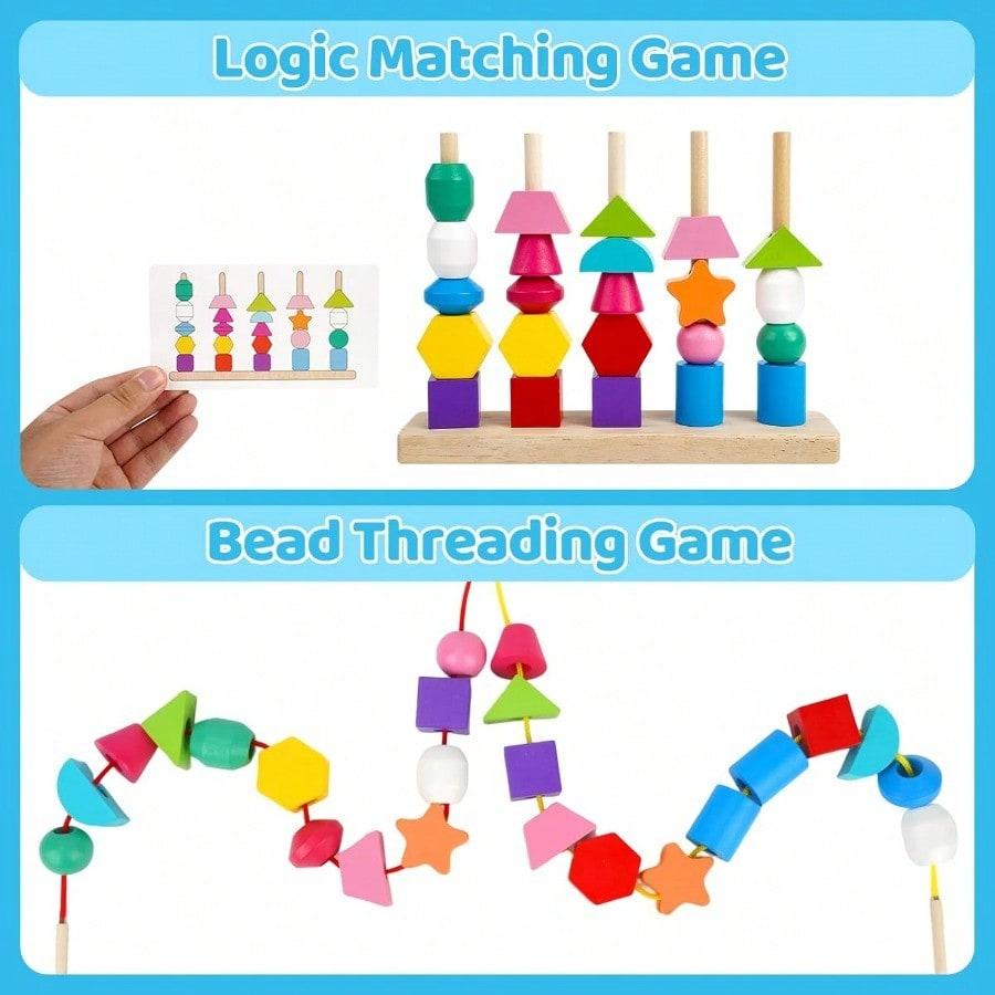 Montessori Toys For 2 3 4 Year Old Kid Boy Girl Toddler Montessori Wooden Beads Sequencing Toy Set Lacing Beads Stacking Block Matching Shape Stacker