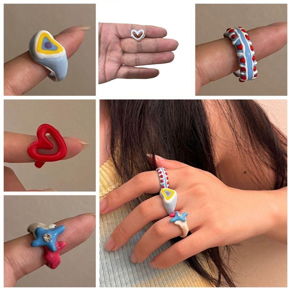 Korean Style Enamel Heart Ring Chunky Jewelry Geometric Ring Dripping Oil Finger Buckle  Decoration