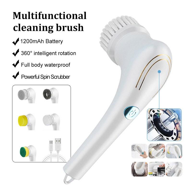 Spazzola Elettrica per Pulizia Domestica 5-in-1 Spazzola per Lavaggio Bagno Strumento per Pulizia Cucina Portatile USB Spazzola per Vasca da Bagno Spazzola Elettrica Pulitore Accessori Lavandino