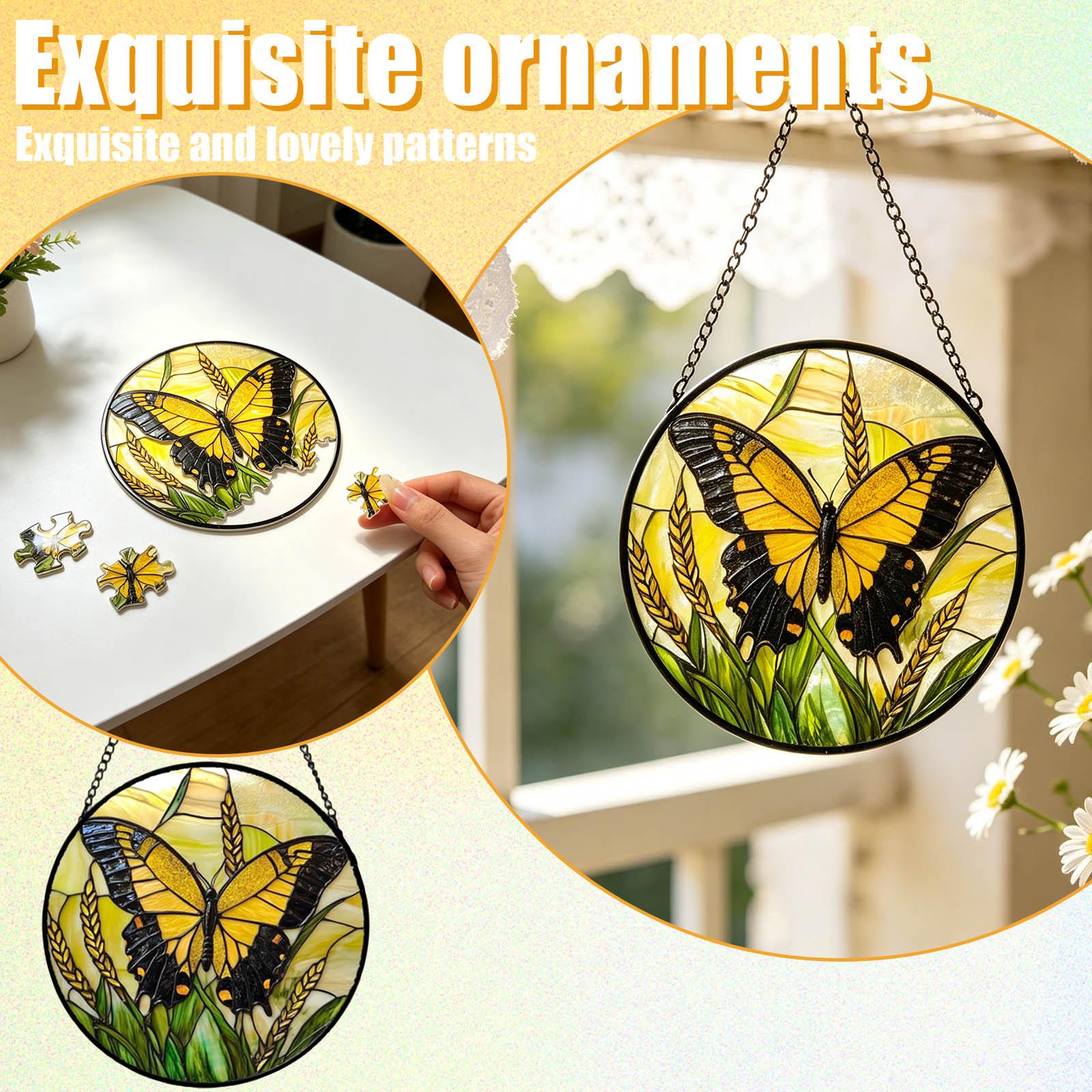 

Stained Glass Window Hanging Butterfly Design Suncatcher Decorative Panel for Garden Kitchen Sunroom Home Ornament with Chain One Size