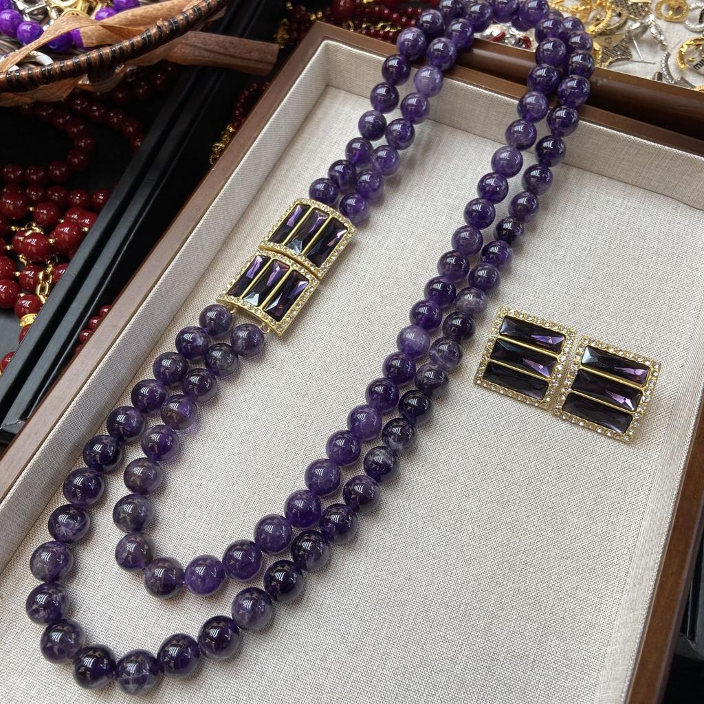 Elegant Double-Layer Agate Beaded Long Necklace Sweater Chain High-Quality Natural Amethyst Diamond Stud Earrings Set