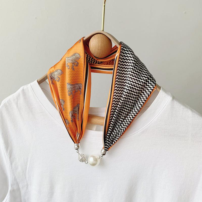 Lazy Magnetic Buckle Summer Scarf with Pearl Necklace Decoration for Women