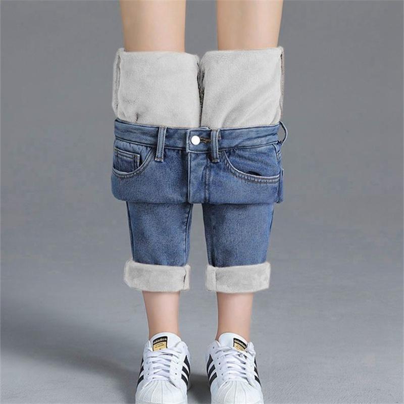 

Зимняя мода с высокой талией, облегающие эластичные женские повседневные джинсовые брюки-карандаш, бархатные женские джинсы в стиле ретро, ​​обтягивающие флисовые утепленные брюки