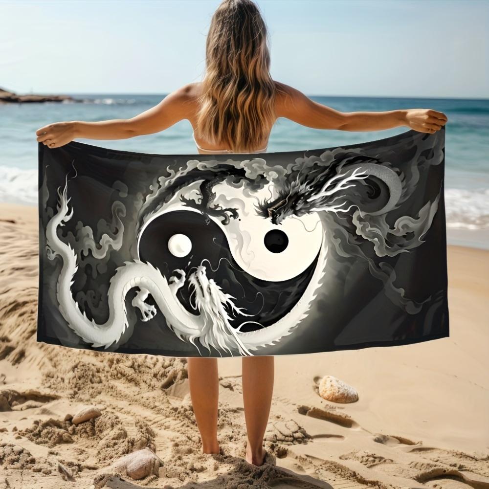 1PC Toalla de Playa Yin Yang Dragón Blanco y Negro Poliéster, Toalla de Viaje Suave de Secado Rápido para Hombres Mujeres, Ligera para Natación Bea