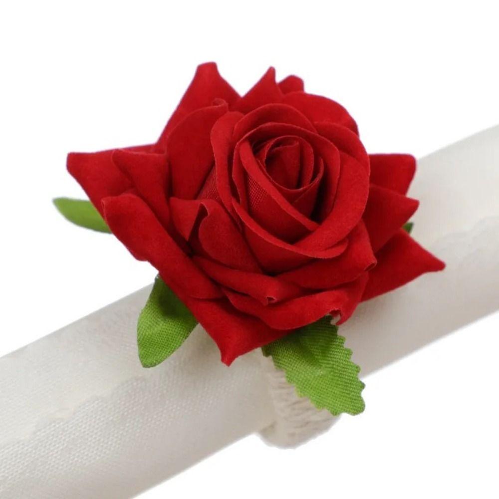 6pcs Artificial Rose Flower Towel Buckle with Rope Table Decoration Napkin Ring Valentine's Day