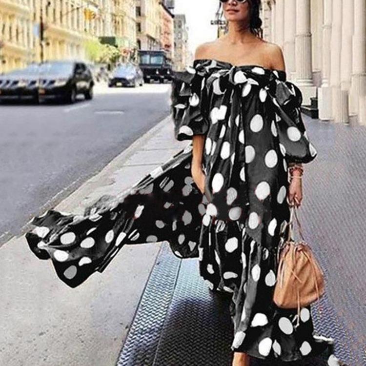 Bohemian Off Shoulder Polka Dot Maxi Dress European American Style