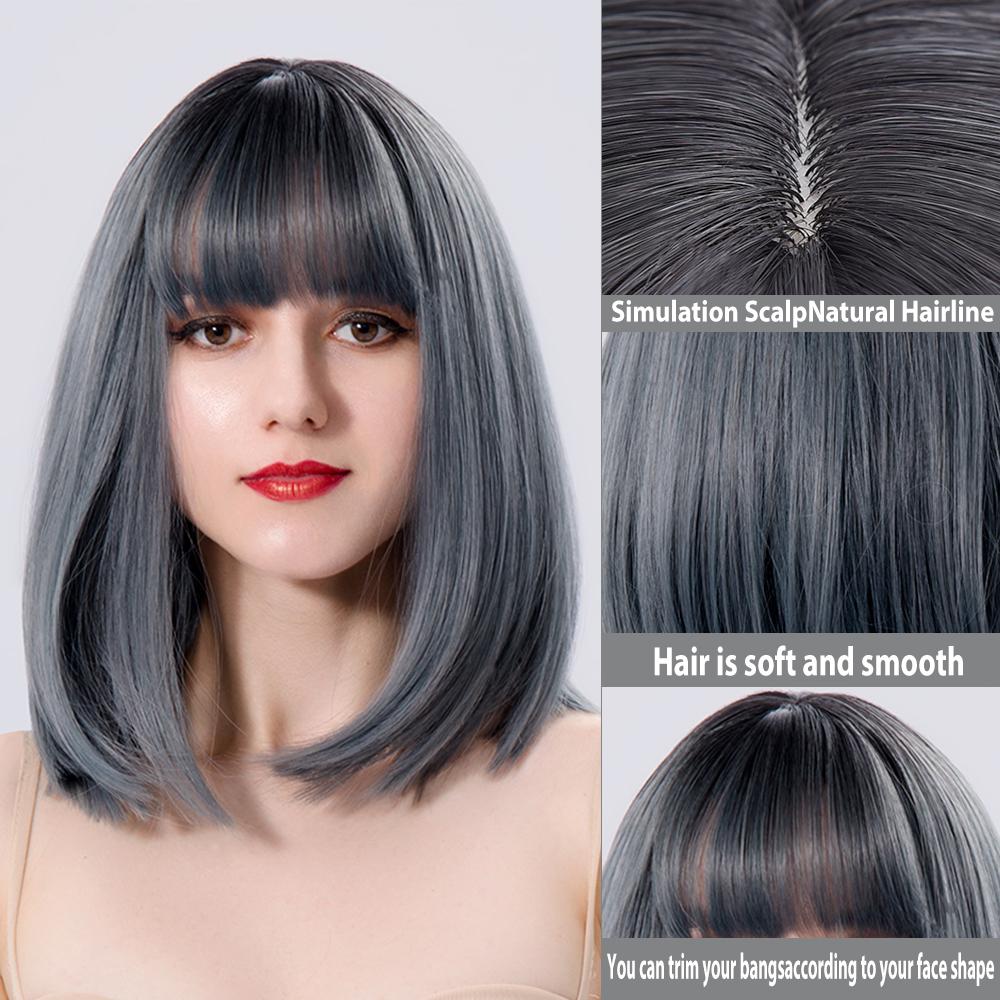 Gray Medium Straight Daily Hair Nutural Synthetic Wigs For Women With Bangs Heat Resistant Cosplay Wavy Female Colored Fiber Wig