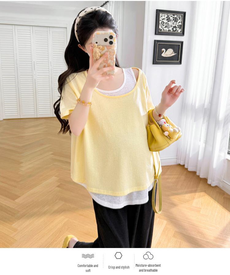 2026 Spring/Summer Plus Size Maternity Patchwork Top - Short Sleeve Trendy Mom Fashion