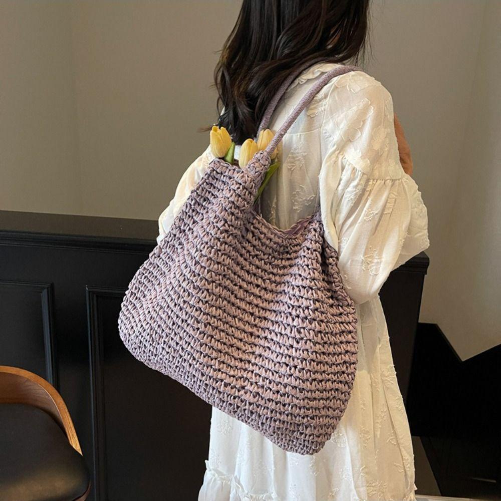Breathable Weave Tote Bag Hollow Out Women Shopping Handbag Fashion Straw Shoulder Bag Travel