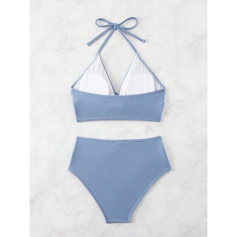 Black Ribbed Twist Front High Waist Bikini Set Halter Two Piece Swimsuit