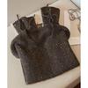 Damen V-Ausschnitt Langarm Locker Gestrickter Pullover mit Pailletten