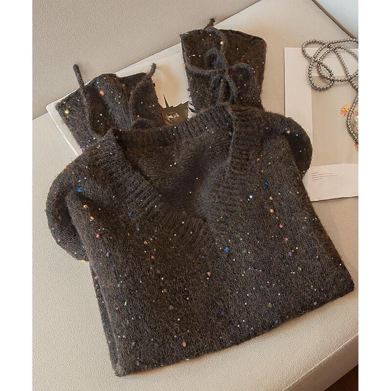Women's V-Neck Long Sleeve Loose Knit Sweater with Sequins